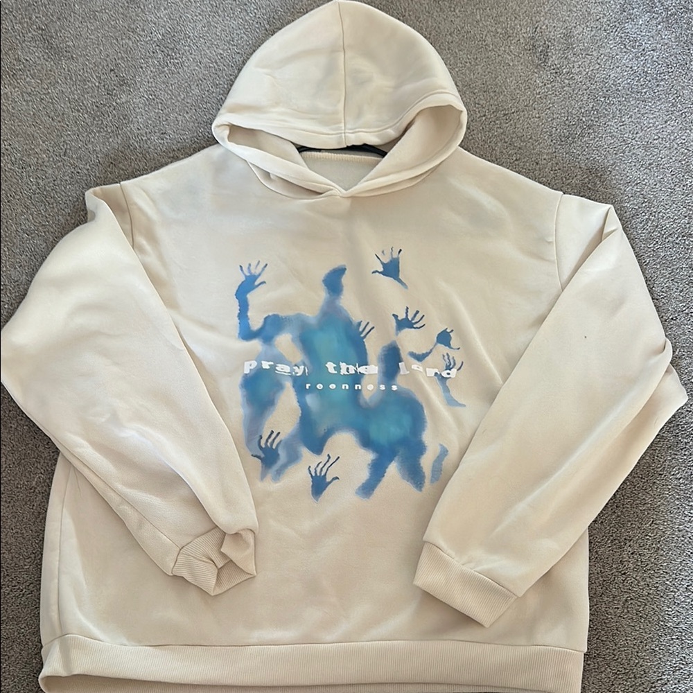 SHEIN Cream Hoodie with Blue Abstract Design